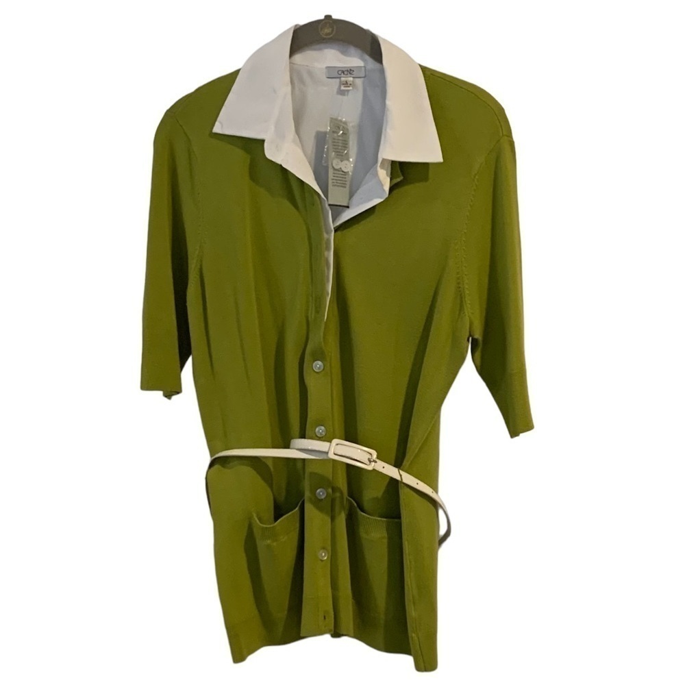 Cache faux collar layered cardigan green belted